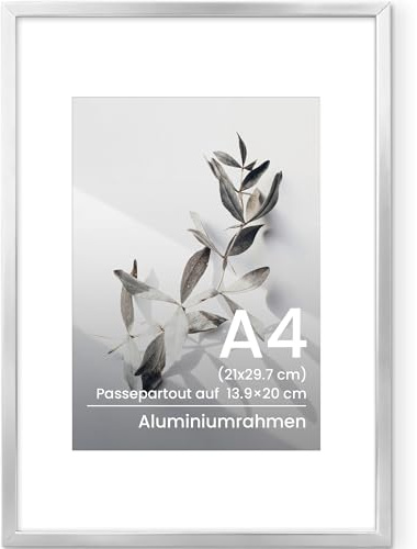 Feihorrm Bilderrahmen A4, Aluminium Metall din A4 Fotorahmen mit Glas | Kinderzeichnungen A4 Rahmen Für 21x29,7 cm-Fotos ohne Passepartout oder 13,9x20 cm-Fotos mit Passepartout, Silber