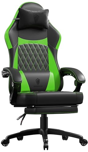 Dowinx Gaming Chair for Adults, Ergonomic Gaming Chairs with Footrest & Linkage Armrests,Game Chair mit Massagefunktion, Breathable Soft Leather Gamer Chair,Adjustable 90°–145°Recline,Green