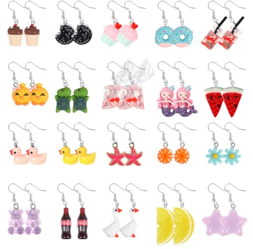 PHOGARY 20 Paar Lustige Ohrringe für Damen, sommer Ohrringe Bubble Tea anhänger, Ente, Erdbeere, Bunt Süße Harz Tropfen Set für Mädchen