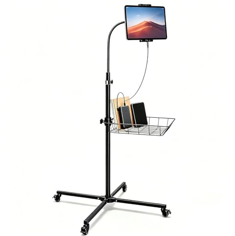 wishacc Rollbarer Tablet-Bodenständer mit industriellen Rädern und Aufbewahrungskorb, höhenverstellbar, Schwanenhals, Tablet-Ständer, Bodenhalterung für iPad Pro 12.9, Air, Mini, Handys (groß)