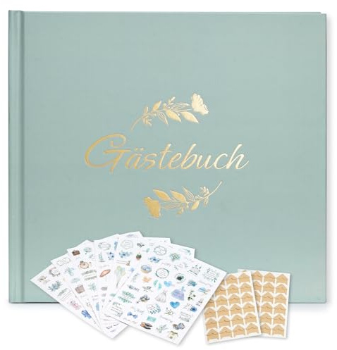 Gästebuch Hochzeit mit 2 Seiten Feststehenden Fotoaufklebern,Hochwertiges Hochzeitsbuch,Hardcover mit Goldprägung,Größe 21x23cm,Hochwertiges Gästebuch,120 Seiten Blanko,6 Seiten Hochzeitssticker,Grün