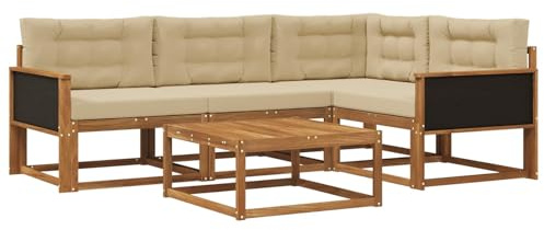 vidaXL Outdoor-Sofagarnitur mit Kissen 5 pcs Natur und Beige, Akazienholz Sofa, modernes Outdoor-Möbel, stylische Sectional-Garnitur, wetterfeste Terrasse, Garten Sitzgruppe