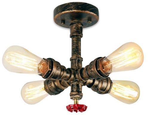 PETITES ECREVISSES Retro Industrie Wasserrohr Deckenleuchte mit 4 Fassung lampe, Vintage Wandleuchte Editon Dekor Beleuchtung für Bar, Küche, Wohnzimmer und Schlafzimmer, E27 Sockel-Lampe
