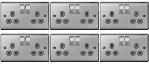 Pack of 6 x BG NBS22G Brushed Steel/Satin Chrome Twin Switch Sockets - 13amp