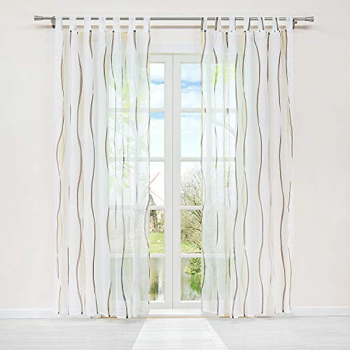 HongYa 1er-Pack Voile Gardine Transparenter Vorhang mit Schlaufen Wellen Druck H/B 245/140 cm Creme Braun