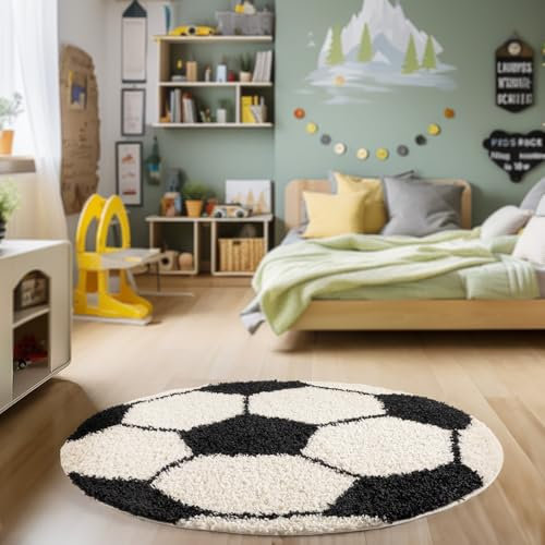 HomebyHome Runder Kinderteppich Hochflor Langflor Shaggy Fusball Design Kinderzimmer Babyzimmer Spielzimmer 30 mm Florhöhe Flauschig Weich Rund, Farbe:Schwarz, Grösse:100 cm Rund