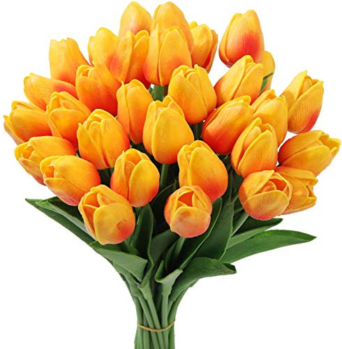 Tifuly 24 Stück Künstliche Tulpen, Realistische Latex-Tulpe mit Weichem PU-Stiel, Elegante Blumendekoration für Brautsträuße, Haus, Party, Büro, DIY Blumenarrangements(Orange)