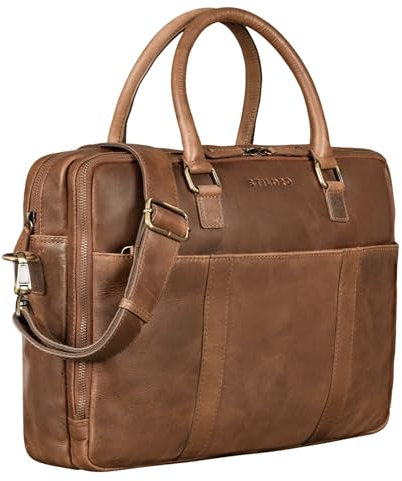 STILORD 'Drake' Businesstasche Leder Groß Vintage Aktentasche XL Ledertasche Laptoptasche für Arbeit Büro Umhängetasche Aufsteckbar Echtleder, Farbe:mocca - dunkelbraun
