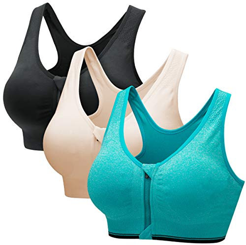 CARETOO Damen Sport BH Stark Halt Active Bra Höhe Beanspruchung Trainieren Bustier Fuer Yoga Fitness - Mit Reißverschluss Schwarz + Hellblau + Beige, M