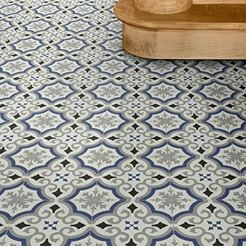 Bodenmaster PVC Bodenbelag Fliese Retro Alhambra Blau Weiß mit Textilrücken (Breite: 200 cm x Länge: 500 cm)
