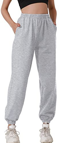 HAPYWER Jogginghose Damen Baumwolle Lang Freizeithosen High Waist Lässige Loose Sweathose mit Taschen Trainingshose Oversize Sporthose Zweifarbig Sommerhose Casual Mode(Grau,L)