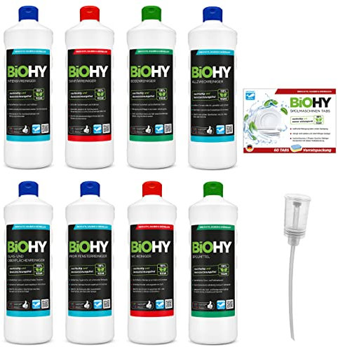 BiOHY Reinigungsmittel Komplett Set mit Dosierer und Spülmaschinentabs (8 x 1 L) | Bad-, Fenster- und Bodenreiniger |kraftvoll & effizient | nachhaltige Bio Reiniger