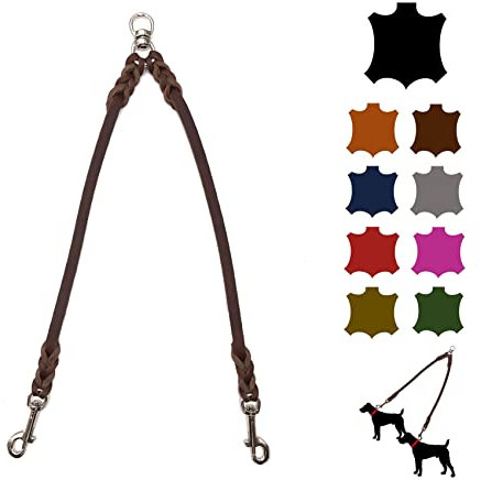 Hundeleine Doppelleine für 2 Hunde/Koppelleine Fettleder/Verbindungsleine Kleine und Große Hunde (45cm Breite: 12mm, Braun)