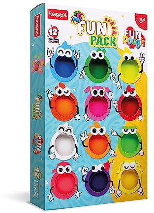 Funskool Fundough Fun Pack mit 12 Dosen bunter Knetmasse je 25 g | Play doh knete Set mit Modellier-Zubehör | playdoh Set für kreatives Formen & Basteln | Play doh zubehör für Kinder ab 3 Jahren