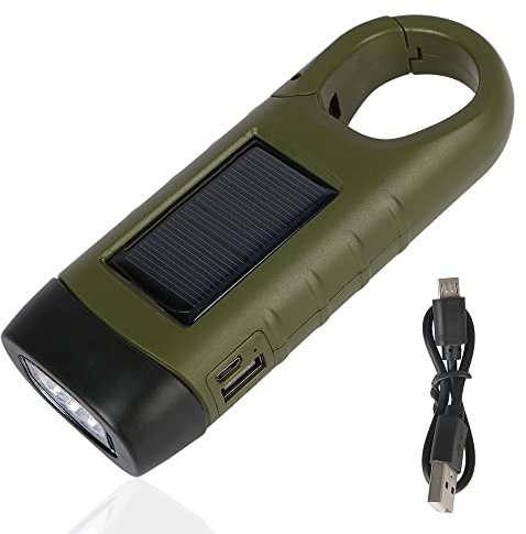 NOPNOG Solar, Handkurbel und USB-Lade-LED-Taschenlampe, Dynamo-Taschenlampe mit Powerbank-Funktion, Tragbare Camping-Lampen, Outdoor-Notfall-Handkurbel-Dynamo, mit Wanderschnalle