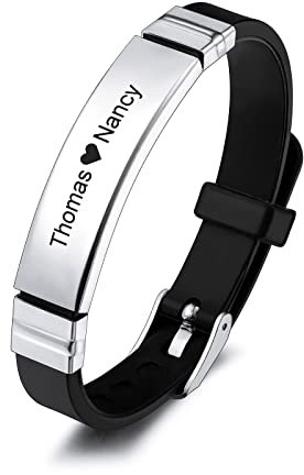 INBLUE Bracciale con Targhetta Personalizzata Nome/Citazione Targhetta in Acciaio Inossidabile Bracciale Regolabile in Silicone per Uomo Donna (Cinturino Nero e Etichetta Argento)