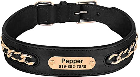 Personalisiertes Hundehalsband Aus Leder Für Große Hunde ID-Halsband Mit Eingraviertem Namen Für Kleine Mittelgroße Hunde Metalldesign,Schwarz,XXL