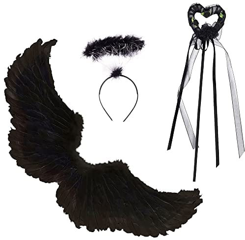 HIQE-FL Alas de Angel,Alas y Halo De Ángel,60cm Alas de Angel Negras,Alas de Ángel Disfraz,Alas de Angel Negras Decoración,Fiesta Temática