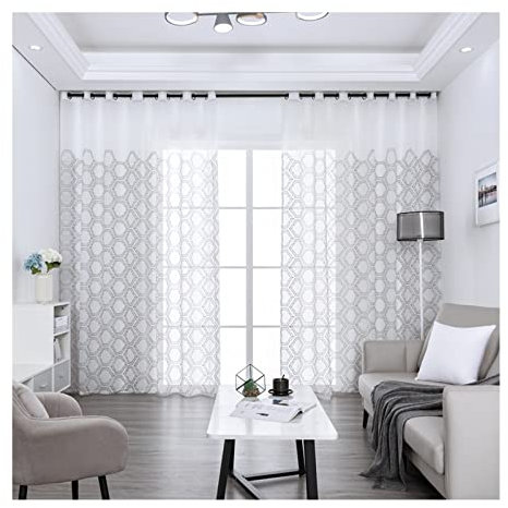 Lieson Tüll Vorhang Modern Schlafzimmer 2er Set, Polyester Voile Gardinen mit Ösen Transparent Geometrische Vorhänge Wohnzimmer Grau 107x244CM