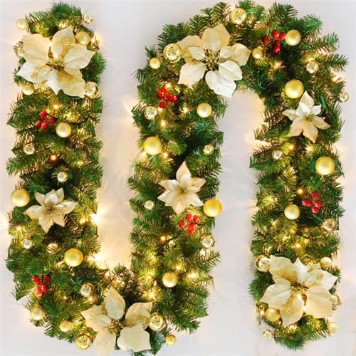Guirnalda de Navidad Exterior Con Luces - 2,7 m, 200 Ramas, Para Jardín, Escalera, Chimenea - Decoración Navideña (Oro)