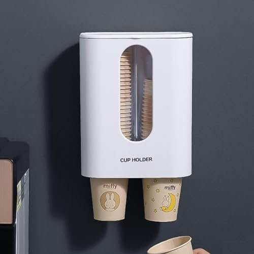 Disposable Cup Dispenser Double Tube Water Cup Dispenser Wall Mounted Plastic Cup Holder Space-Saving Cup organizer Anti-dust Plastic Cup Holder for Offices Homes Restaurants (White)