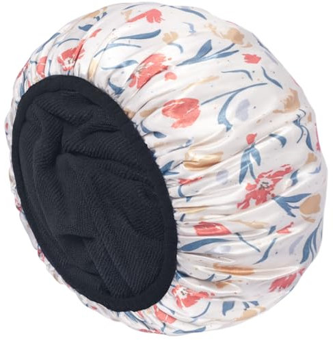 Aquior Shower Cap,Extra Large Triple Layer Bathing Cap with Dry Hair Function for Women Microfiber Terry Cloth Silky Satin 100% Waterproof Reusable Long Hair Bath Caps