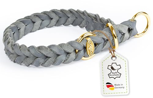 CopcoPet Hundehalsband Würger 45–50 cm x 25mm Grau – Geflochtenes Halsband mit Zugstopp & Messing Ring – Aus robustem Fettleder – Für große Hunde – Weiches Lederhalsband fürs Training