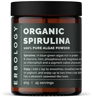 Erbology Organic Spirulina Powder 90g - 45 Servings - Sustainably Sourced in Portugal - Energy and Immunity Support - Rich in Chlorophyll, B Vitamins, Iron and Phosphorus - Vegan - GMO-Free