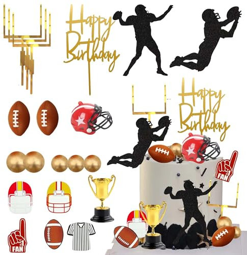 Football Cake Topper, Qoadwem 20PCS Football Players Cake Toppers Rugby Ball Happy Birthday Sports Theme Party Cake Decorations For Football Themed Birthday Party Party Supplies