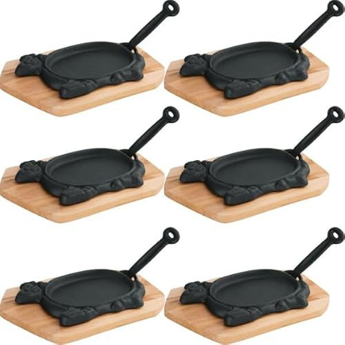6x Servierpfanne mit Holzuntersetzer und abnehmbarem Serviergriff 27 x 16 x 2 cm Gusseisen Motiv Rind