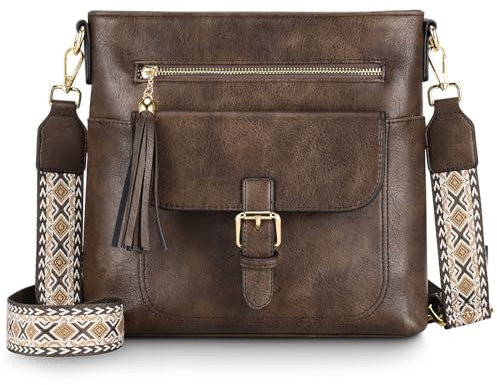 Kasgo Umhängetasche für Damen Vintage PU Leder Handtasche Mittelgroße Schultertasche Crossbody Bag mit Verstellbarem Breitem Schultergurt Kaffee