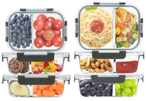 GULFLIN Recipientes de vidrio para preparación de comidas, 2 compartimentos, recipientes de vidrio con tapas, cajas Bento de vidrio para adultos, control de porciones, herméticos, aptos para