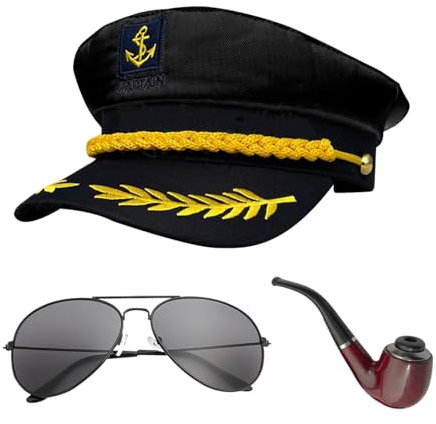 Nereds 3Pcs Sailor Accessories Adjustable Captain Hat Sunglasses Wooden Pipe for Sailor Costume Party Adult Halloween Decoration