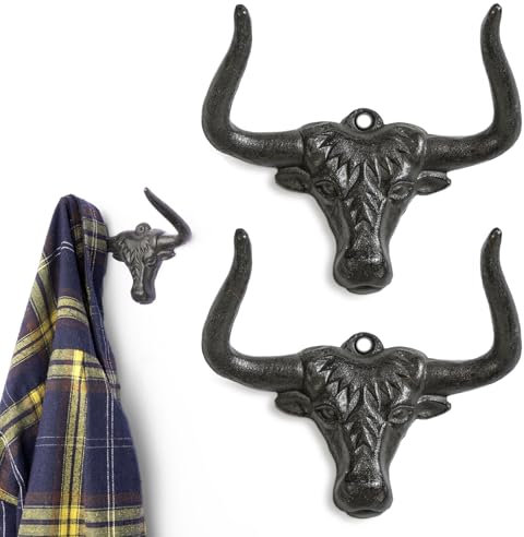 HYDERMUS Kleiderhaken Wandhalterung, Gusseisen, Kleiderhaken, Western-Longhorn, strapazierfähig, Vintage, dekorativer Wandhaken zum Aufhängen von Mänteln, Hut, Handtuch, Schlüssel, Tasse, Bademantel,