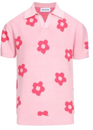 OXKnit Polo à manches courtes pour homme - Style vintage des années 60 - Style rétro, Fleur rose clair, M