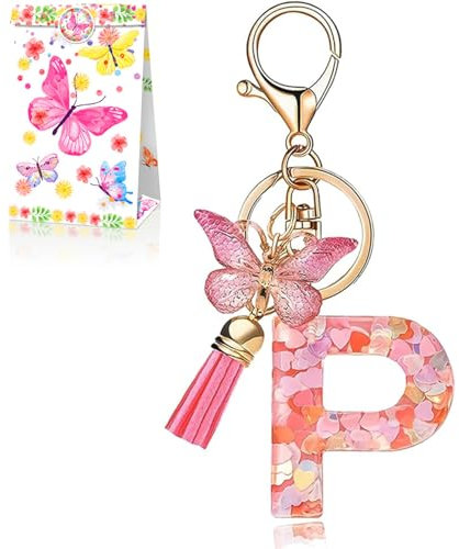 T TAKONE Schmetterling Glitzer Rosa Schlüsselanhänger - Idealer Geschenk für Frauen/Kinder Mit Buchstabe