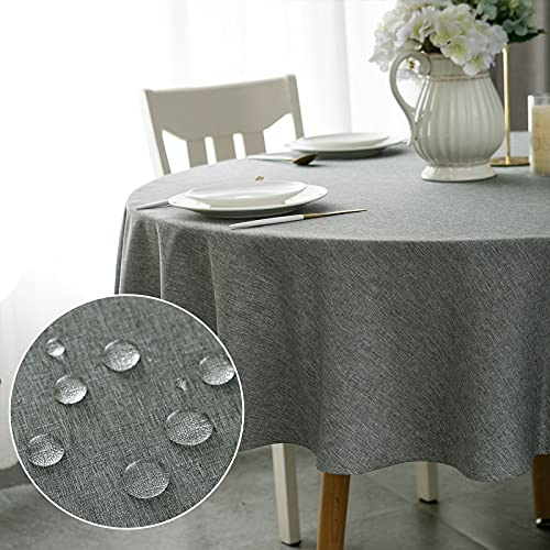 Yeahshion Runde Tischdecke Abwaschbar Grau Φ150cm, wasserdichte Tischdecke Polyester-Leinen-Optik für Tisch, Esszimmer, Restaurant Schutz (Grau, Φ150cm)