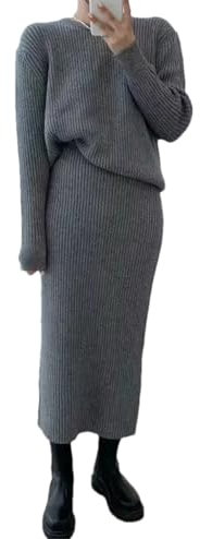 2-teiliges Strickset für Damen, Rundhalspullover + hohe Taille, Röcke, übergroßes Wollset für Damen, grau, M