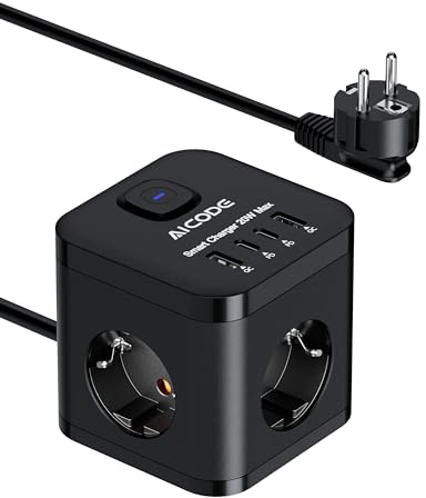 AICODE Steckdosenwürfel 3680W mit PD 20W– 4 USB (2X Type-C) 3Fach Steckdosenleiste, Mehrfachsteckdose mit 3m Verlängerungskabel – Tragbar für Reisen, Büro & Haushalt (Schwarz)