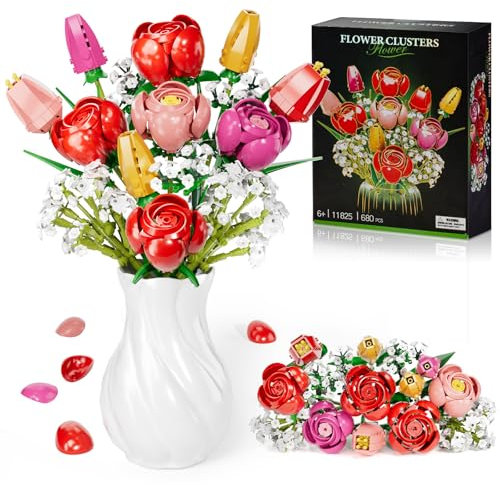 Utbttor Flower Bouquet Building Kit, Red Rose & Tulips 680 Pcs Building Blocks Set - Valentine's Day, Mother's Day, Christmas Birthday Gift for Adults & Kids 6+, Home Office Decor, No Vase