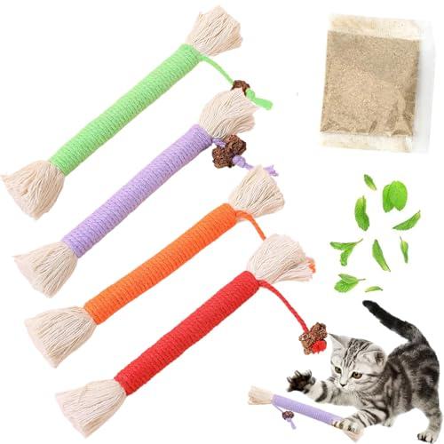 LOMSUXA 4Pcs Katzenminze Spielzeug Kauendes Baumwollseil,Interaktives katzenspielzeug für Indoor,Katzenzahnreinigung,natürlicher Katzenminze,Stressabbauendes Baumwollseil-Spielzeug
