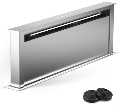 Klarstein Downdraft-Dunstabzugshaube 90cm, Versenkbare Dunstabzugshaube Abluft/Umluft für die Küche, Schmale Umluft-Abzugshaube ohne Rohr, 576m³/h Luftstrom, LED-Beleuchtung & Touch-Bedienfeld
