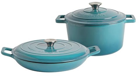 Argon Tableware 2.3L/4.68L Shallow Cast Iron Casserole Dish Set with Self-Basting Lids - Teal Ombre - 2pc Induction Hob Cooking Dutch Oven Bread Baking Serving Roasting Stew Stock Pot Cookware Pan