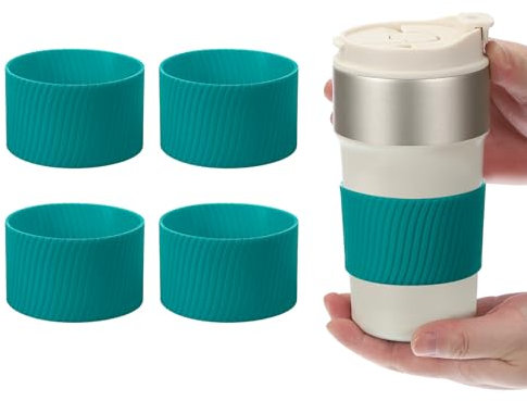 sourcing map 4Pack Coffee Cup Sleeves, Reusable Silicone Heat Resistant Cup Protective Sleeve Nonslip Mug Protector Cover for Home Travel Coffee Mug Glasses Water Bottle Boots, Lake Green