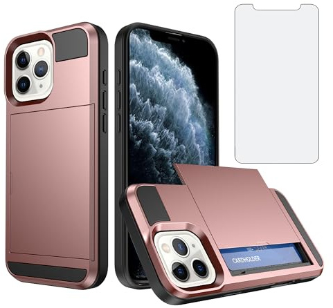 Asuwish Phone Case for iPhone 11 Pro Max 6.5 with Tempered Glass Screen Protector Cover and Card Holder Slot Full Body Protective Shockproof Cell Accessories iPhone11 11pro Promax i XI Plus Rose Gold
