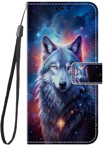 Nuxiady Handyhülle für Samsung Galaxy A17 5G Hülle mit Schön Motiv Muster PU Lederhülle Flip Wallet Case Cover Klappbar Handytasche Schutzhülle Stoßfeste Klapphülle, Wolf