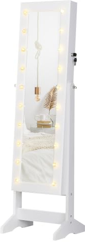HOMCOM Armadietto Portagioie con Specchio Regolabile 40x37x146 cm Bianco | 20 Luci LED, Specchiera Portagioie in Legno