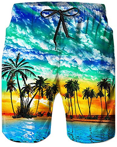 Loveternal Hawaii Badehose für Herren 3D Duck Badehose Palmen Herren Kurze Schnelltrocknend Surf Shorts Blau L