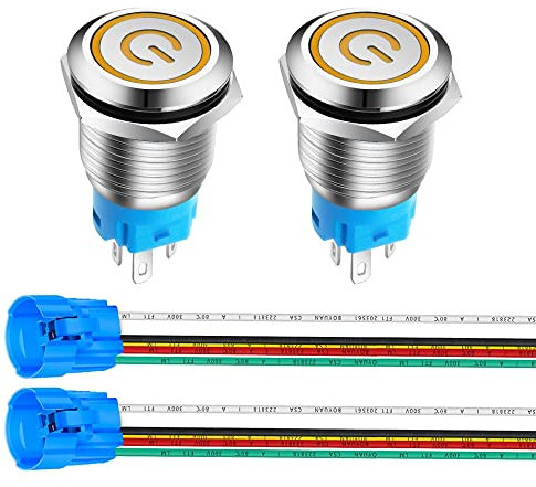 Gebildet 16mm Edelstahl Latching Drucktastenschalter 12V-24V 5A Power Symbol LED 1NO1NC SPDT ON Off Wasserdichter Kippschalter mit Steckdose Stecker (Gelb LED)