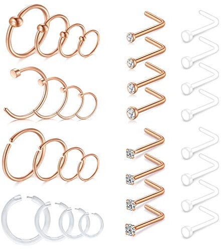 D.Bella 18G Nasenstecker Nasenpiercing Chirurgenstahl L-Form Nasenring und Retainer Klar Nase Stecker Piercing Schmuck Rosegold Farbe 32Stk